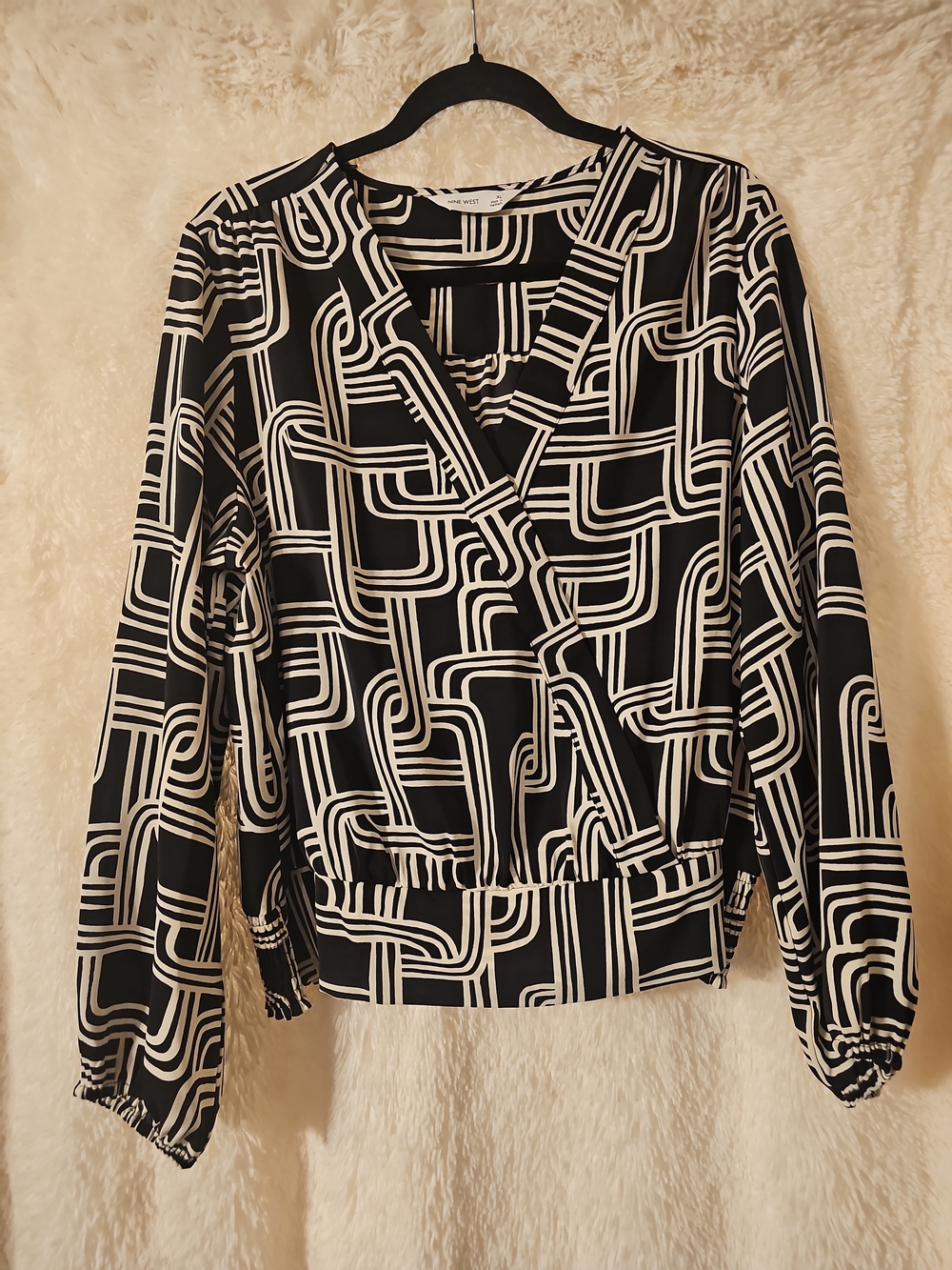 Nine West Black and White Geometric Wrap-Style Blouse